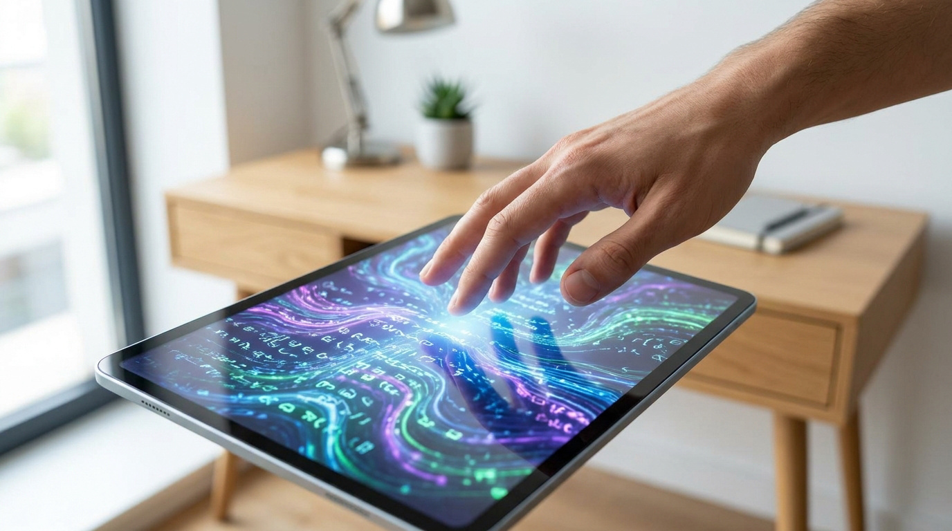 Une main interagissant avec une tablette affichant des flux de données abstraits colorés et des caractères numériques.