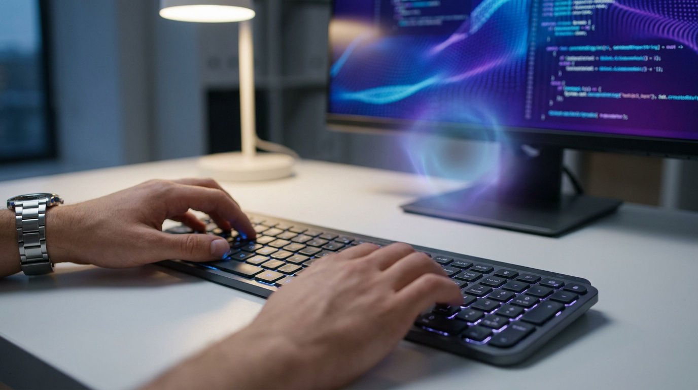 Gros plan sur des mains tapant sur un clavier rétroéclairé devant un écran affichant du code informatique.