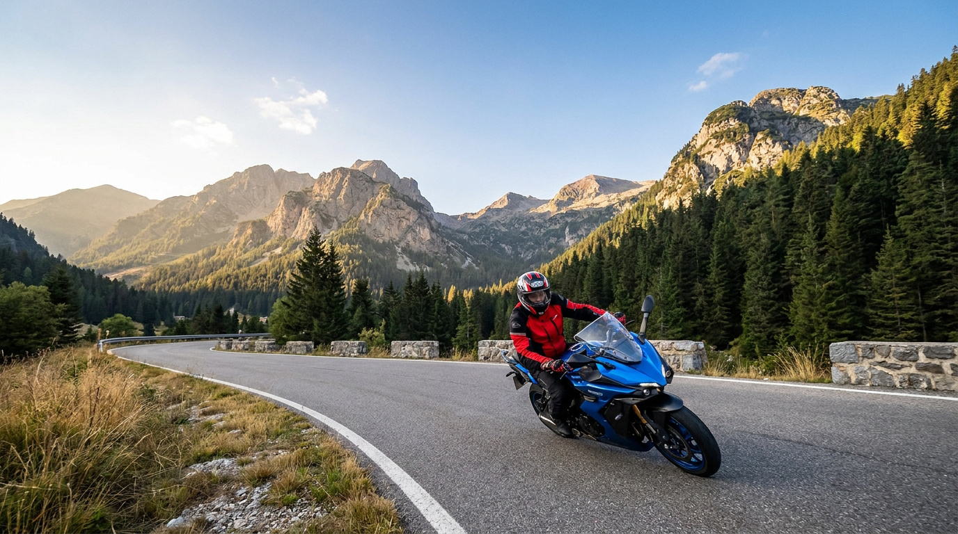 Un motard en équipement complet conduit une moto bleue sur une route sinueuse au milieu des montagnes.