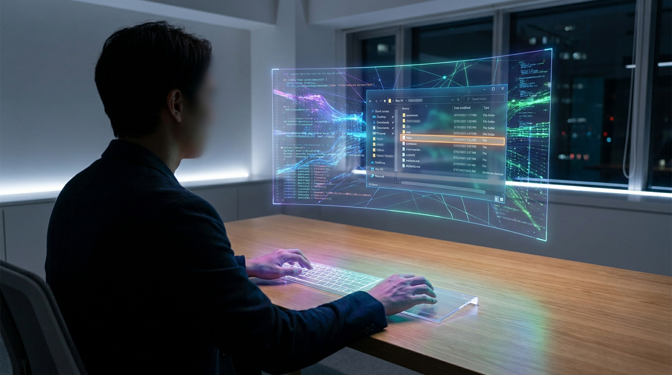 Un utilisateur travaillant sur une interface holographique futuriste affichant le fichier hosts système.