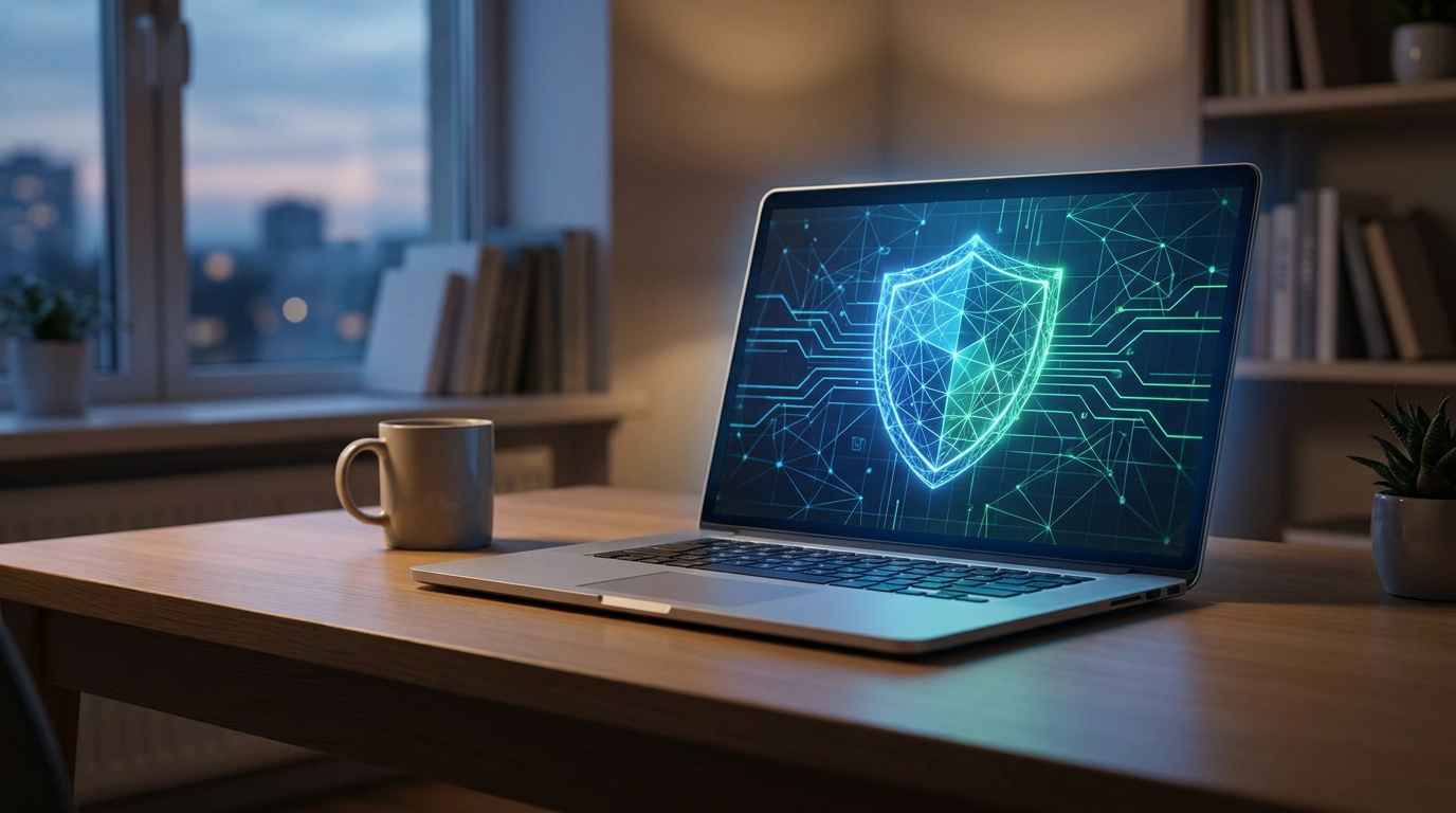 Un ordinateur portable ouvert sur un bureau affiche une icône de bouclier numérique symbolisant la sécurité VPN.