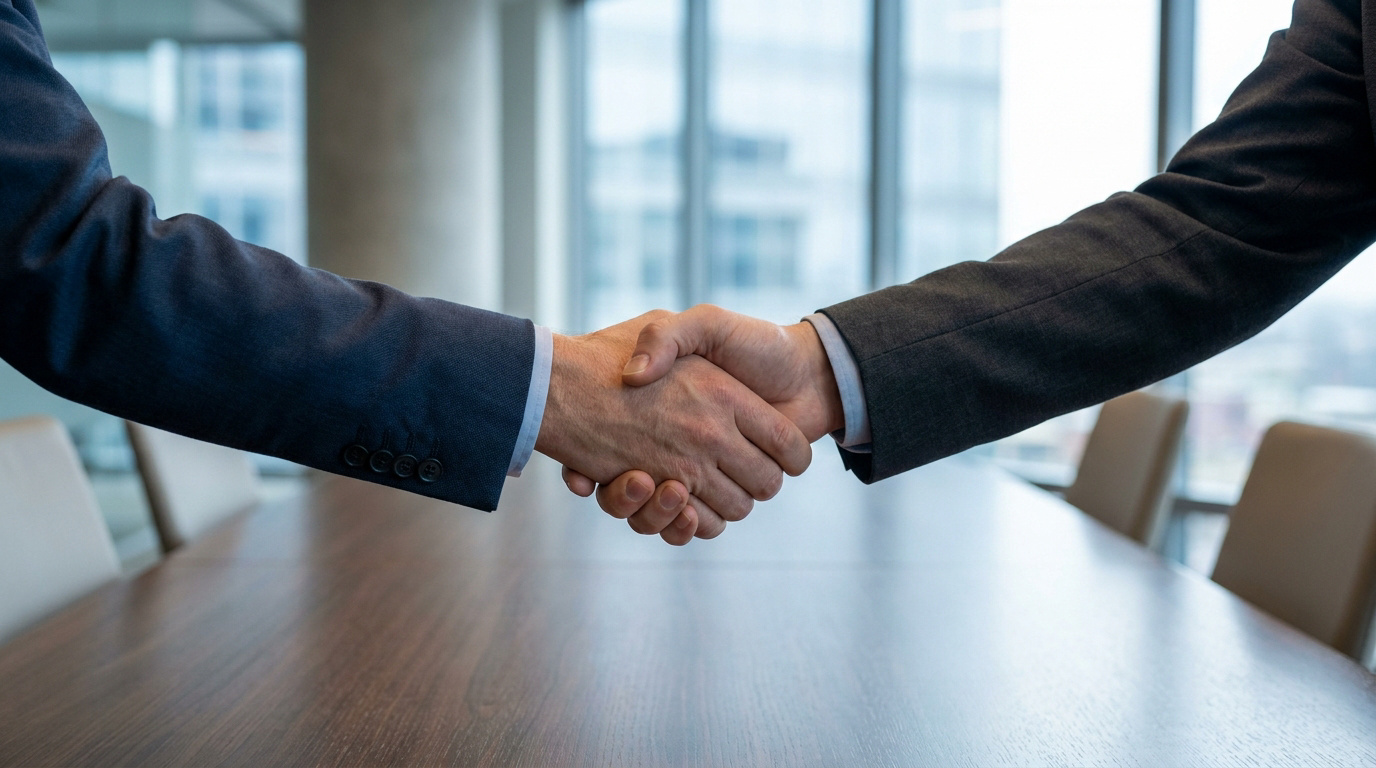 Deux personnes en costume se serrant la main au-dessus d'une table de réunion dans un bureau moderne.