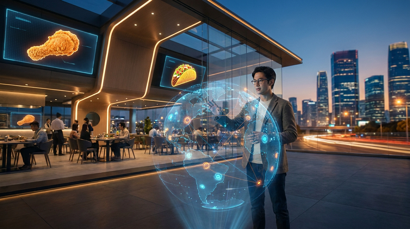 Un homme d'affaires interagissant avec un globe holographique devant un restaurant futuriste aux écrans numériques.