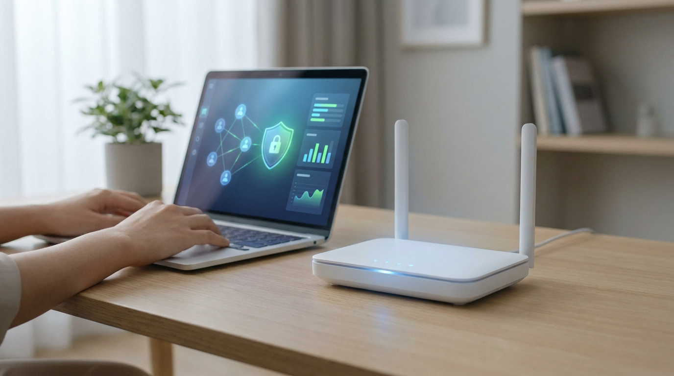 Une personne utilise un ordinateur affichant une interface de sécurité réseau à côté d'un routeur Wi-Fi blanc.