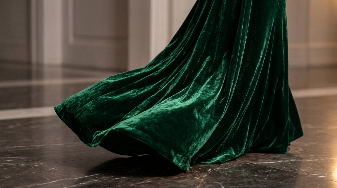 Gros plan sur le bas d'une robe de soirée en velours vert émeraude avec une traîne élégante sur un sol en marbre.