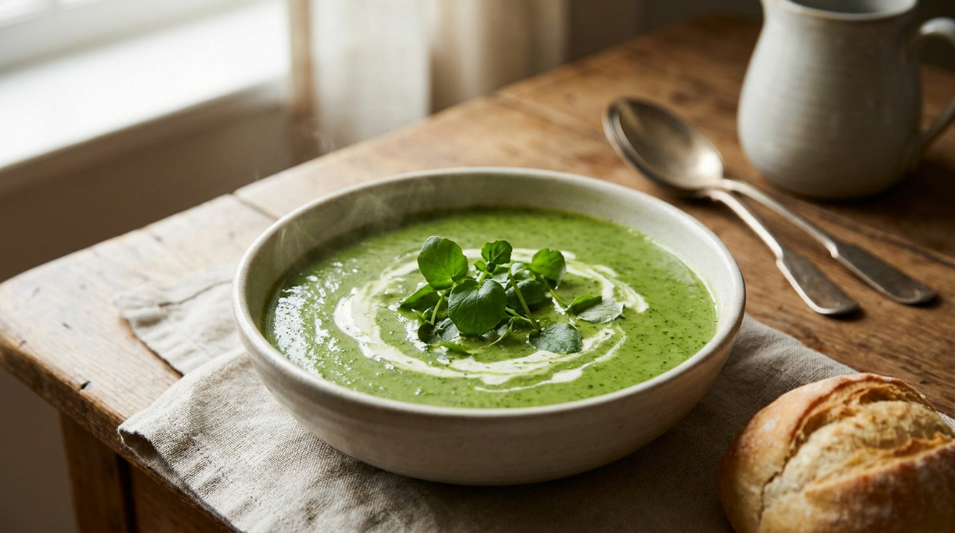 Un bol de velouté de cresson vert fumant décoré d'un tourbillon de crème et de feuilles fraîches sur une table en bois.