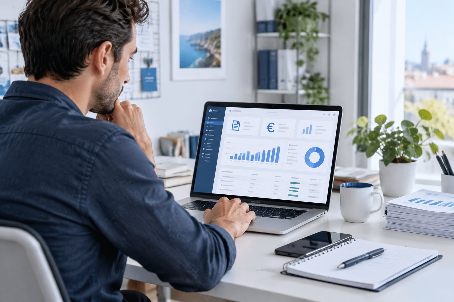 Un entrepreneur travaillant sur son ordinateur portable avec un tableau de bord financier affiché à l'écran.