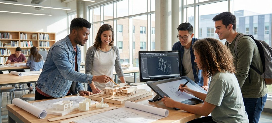 Groupe d'étudiants en architecture collaborant sur une maquette et un dessin numérique dans un studio moderne.