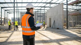 Un contrôleur SPS en casque et gilet de sécurité examine des plans numériques sur une tablette sur un chantier.