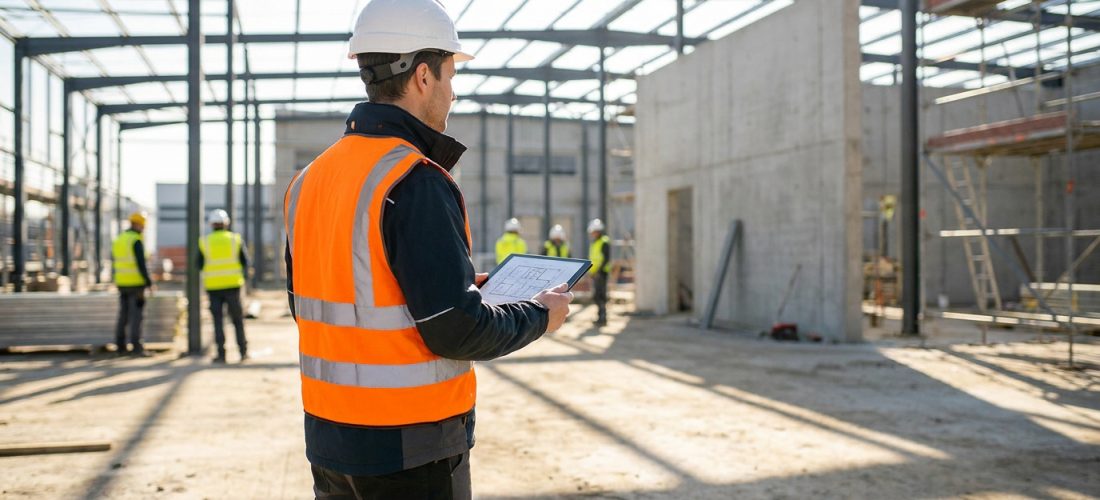 Un contrôleur SPS en casque et gilet de sécurité examine des plans numériques sur une tablette sur un chantier.