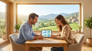 Couple souriant regardant une tablette avec des graphiques immobiliers, assis devant une fenêtre avec vue sur des collines verdoyantes et un village.