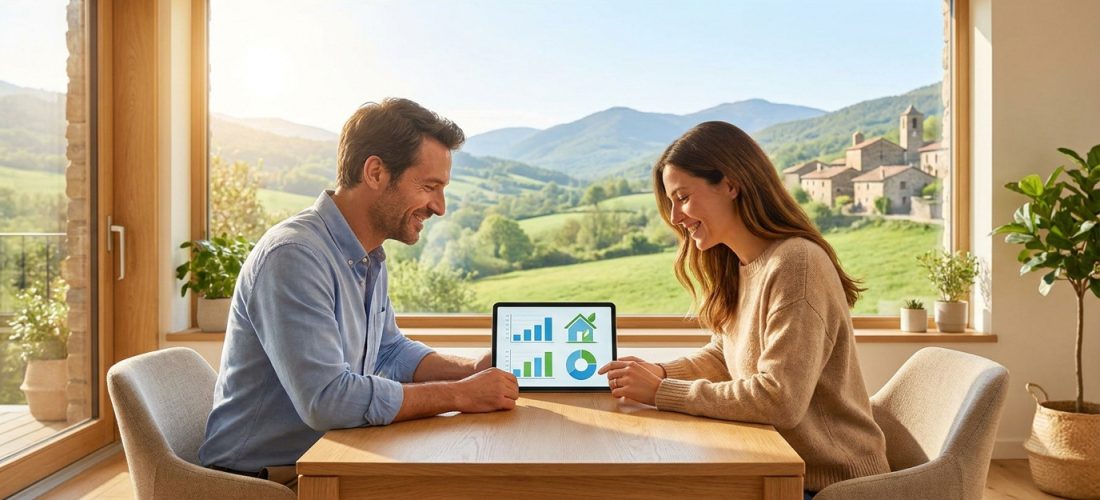 Couple souriant regardant une tablette avec des graphiques immobiliers, assis devant une fenêtre avec vue sur des collines verdoyantes et un village.