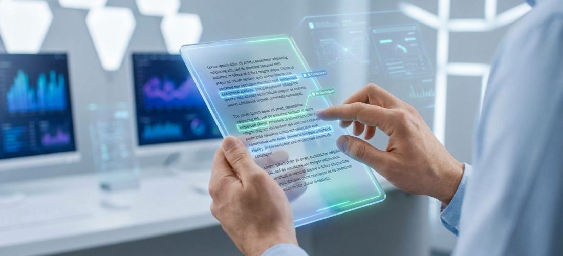 Personne utilisant une tablette holographique transparente pour corriger des textes via une interface IA futuriste.