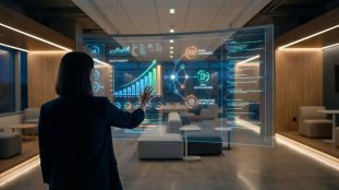 Une femme interagit avec un écran holographique affichant la croissance des ventes, les campagnes d'email et SMS, et les workflows d'automatisation.