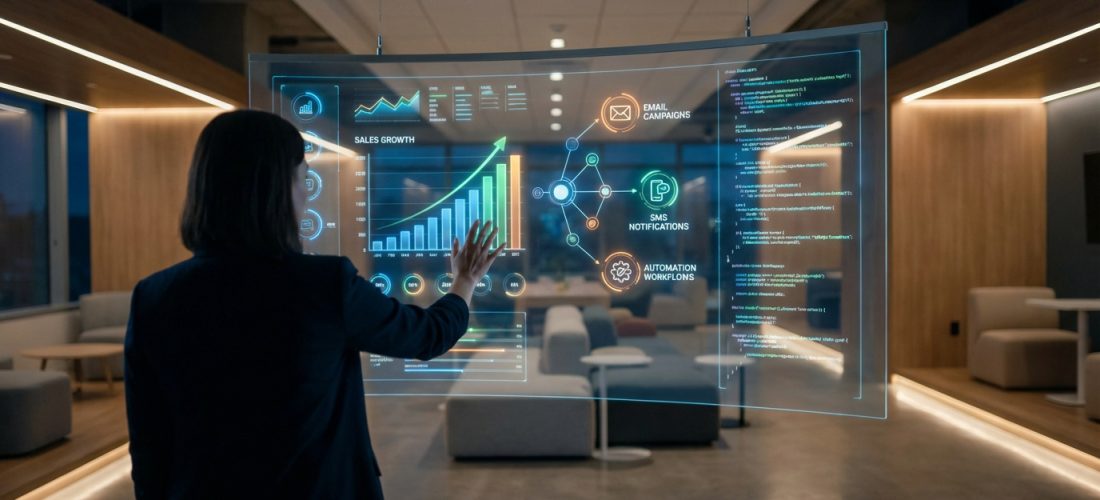 Une femme interagit avec un écran holographique affichant la croissance des ventes, les campagnes d'email et SMS, et les workflows d'automatisation.