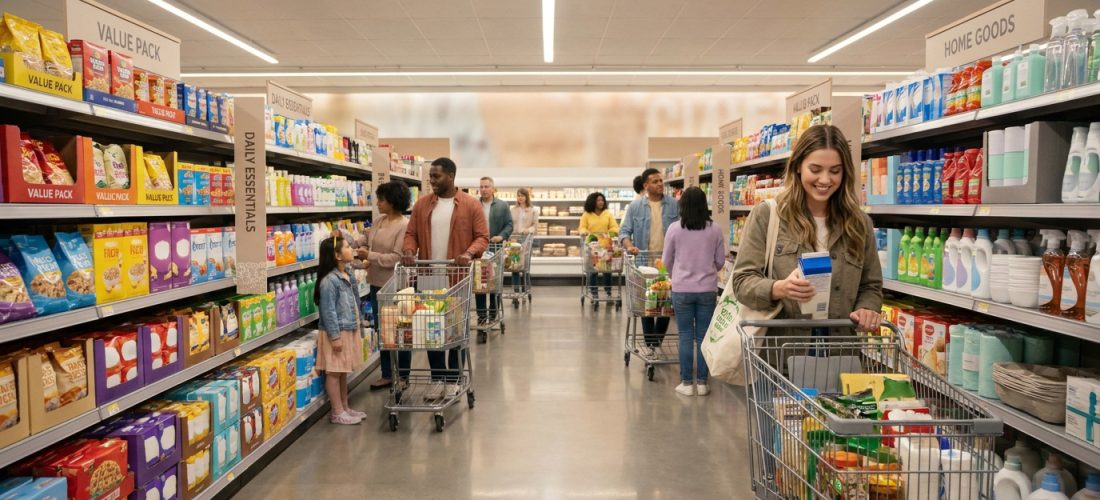 Clients faisant leurs courses dans les rayons d'un supermarché discount moderne et bien organisé.