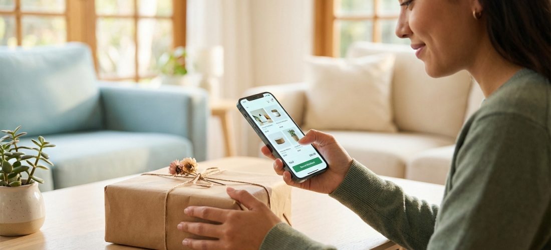 Femme souriante utilisant un smartphone pour gérer des ventes sur une marketplace, à côté d'un colis emballé pour l'envoi.