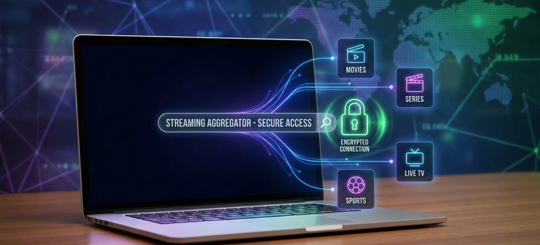 Un ordinateur portable affiche "STREAMING AGGREGATOR - SECURE ACCESS" avec des icônes de films, séries, TV en direct, sports et un cadenas "ENCRYPTED CONNECTION" sur un fond numérique.