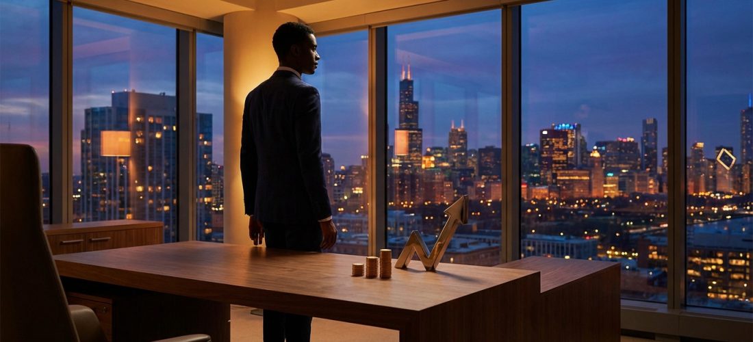Homme d'affaires en costume regardant une ville illuminée depuis son bureau, avec piles de pièces et flèche de croissance sur le bureau.