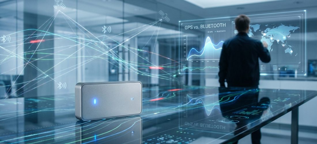 Un homme dans un bureau moderne visualise des données GPS et Bluetooth sur un grand écran interactif, avec un appareil connecté en premier plan.