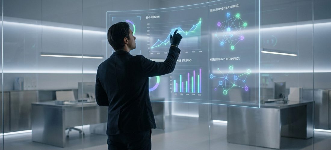 Un analyste SEO manipulant des données numériques holographiques dans un bureau moderne et futuriste.