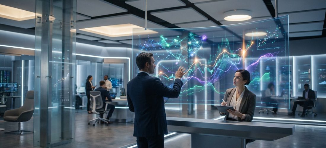 Un homme interagit avec un grand écran holographique affichant des données financières et une femme prend des notes dans un bureau moderne.