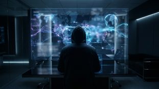 Vue de dos d'une personne à capuche devant un écran transparent affichant une carte du monde numérique lumineuse avec des connexions. Atmosphère sombre et technologique.