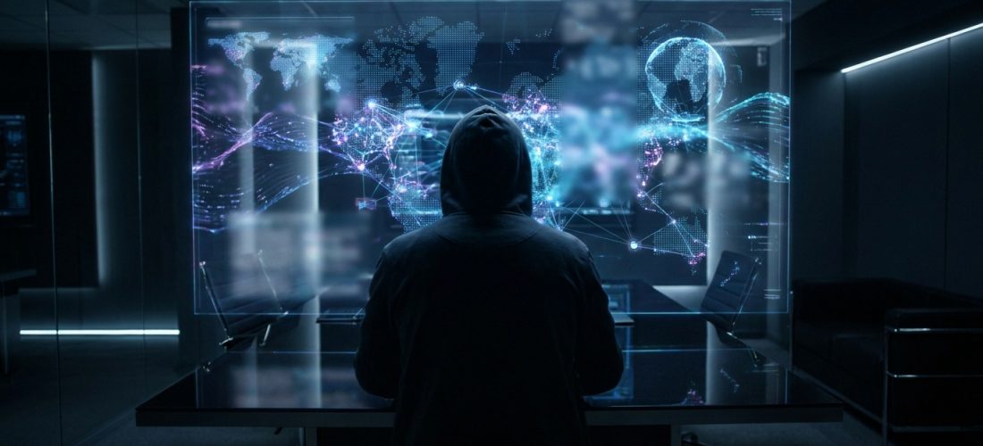 Vue de dos d'une personne à capuche devant un écran transparent affichant une carte du monde numérique lumineuse avec des connexions. Atmosphère sombre et technologique.