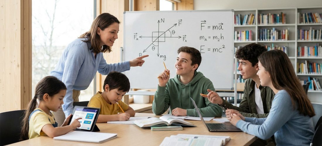 Une enseignante explique des concepts de physique à des élèves autour d'une table dans une bibliothèque.