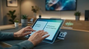 Personne utilisant une tablette avec des icônes holographiques pour la traduction linguistique.
