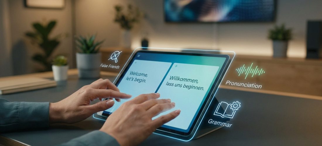 Personne utilisant une tablette avec des icônes holographiques pour la traduction linguistique.