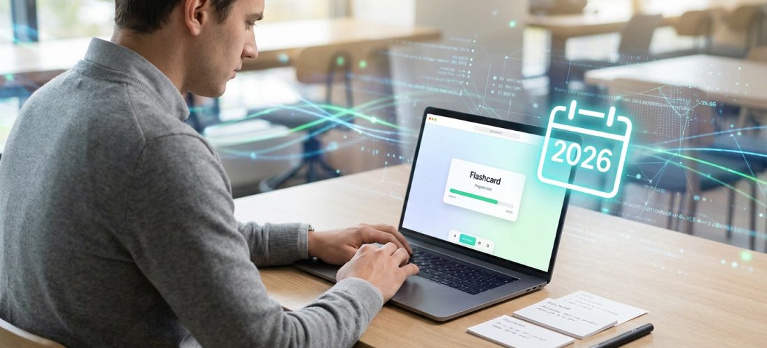 Homme étudiant avec un ordinateur portable affichant une application Flashcard, superposée d'un calendrier 2026 et de données.