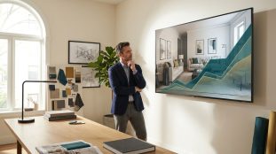Architecte d'intérieur analysant une courbe de croissance sur un écran dans un bureau moderne.