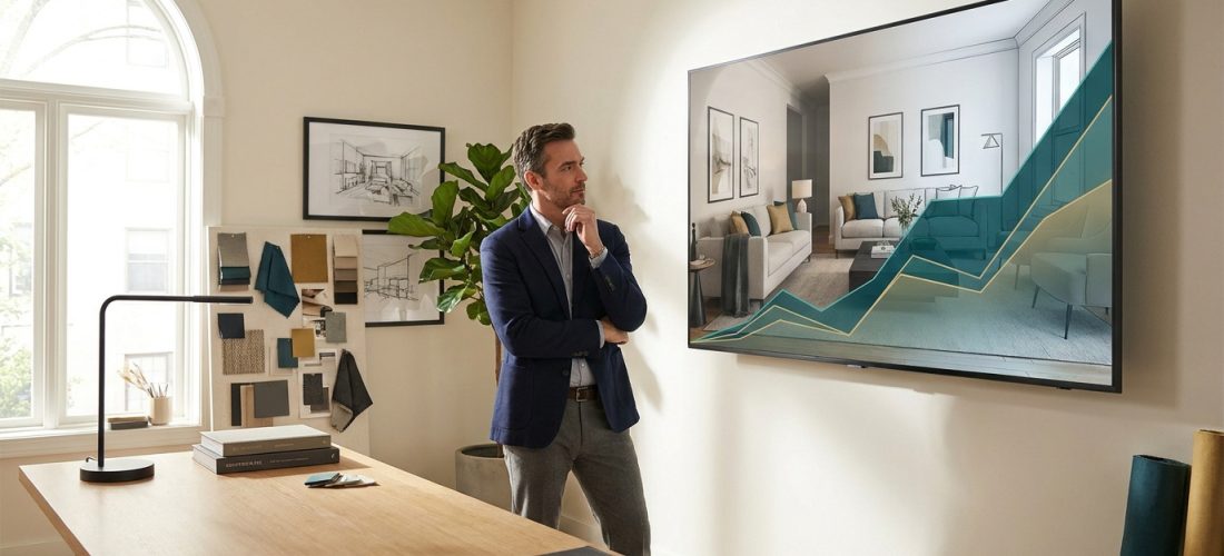 Architecte d'intérieur analysant une courbe de croissance sur un écran dans un bureau moderne.
