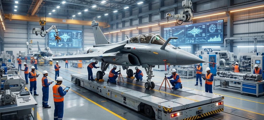 Avion Rafale en cours d'assemblage dans une usine moderne, entouré d'ingénieurs et de robots. Écrans affichent des données techniques.