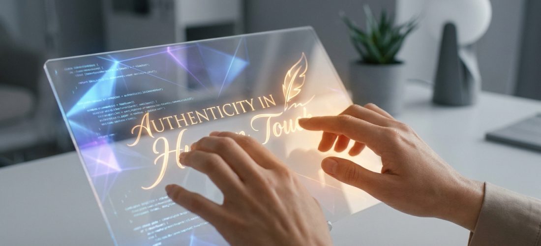 Mains interagissant avec un écran tactile holographique affichant "Authenticity in Human Touch" et du code informatique.