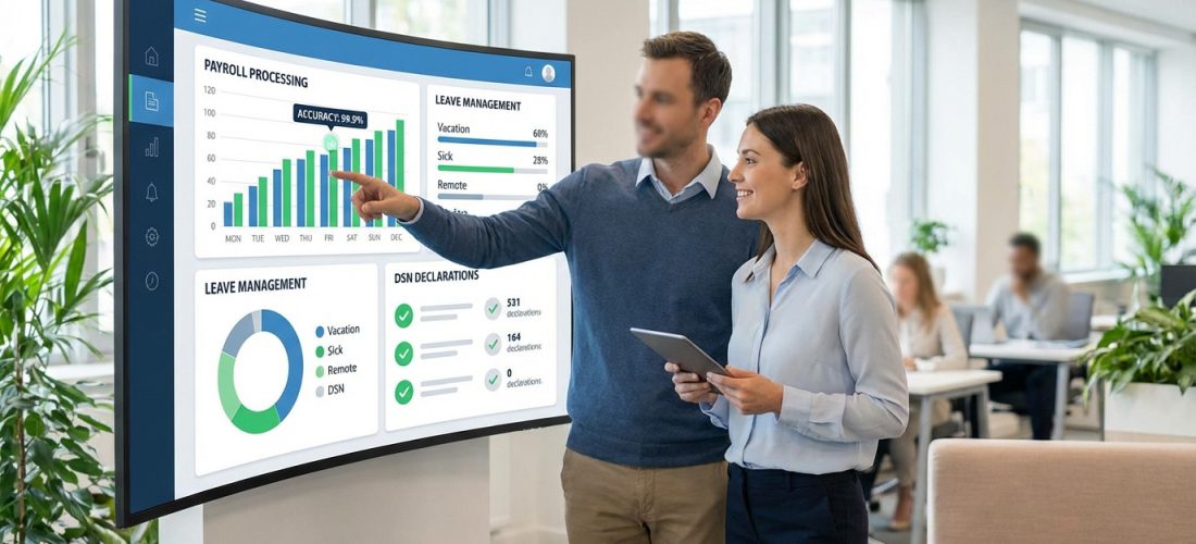 Deux collègues consultent un tableau de bord interactif sur grand écran, affichant des données de gestion RH, paie et congés.