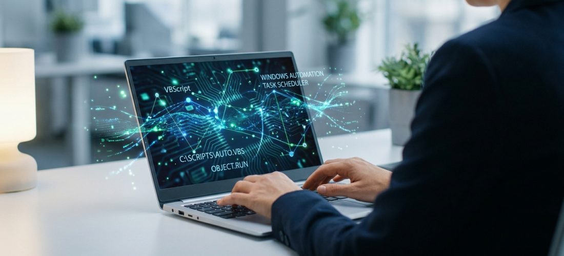 Une personne travaillant sur un ordinateur portable affichant une interface numérique abstraite liée à l'automatisation.