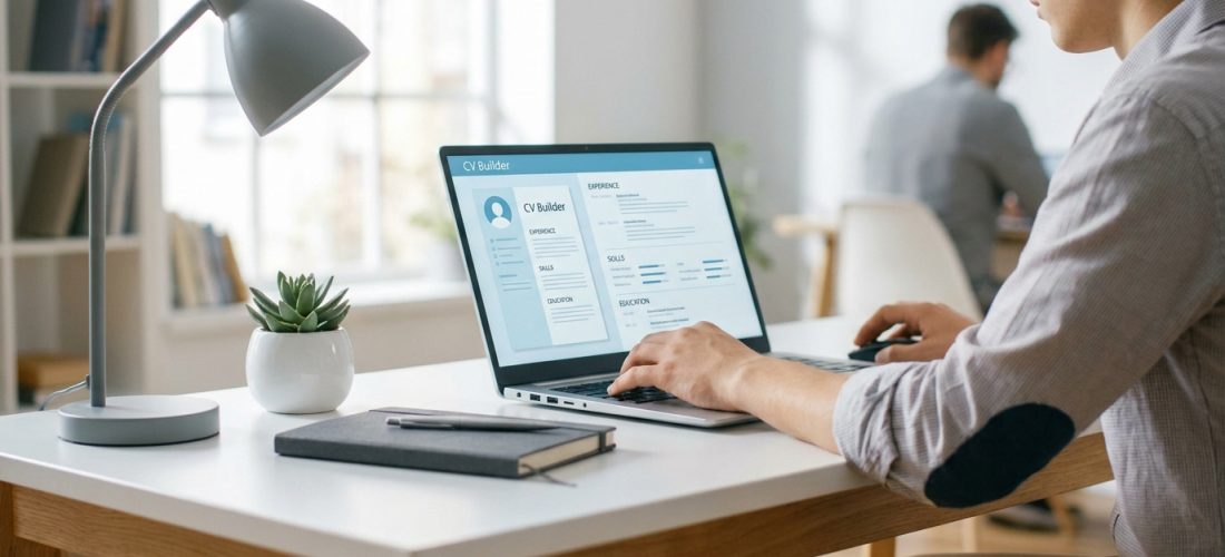 Un homme travaillant sur un ordinateur portable affichant un outil de création de CV dans un bureau moderne.