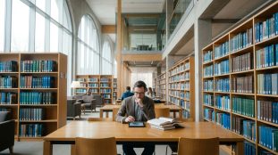 Un homme étudie avec une tablette et des livres dans une bibliothèque lumineuse et moderne. Des étagères de livres s'étendent à perte de vue.