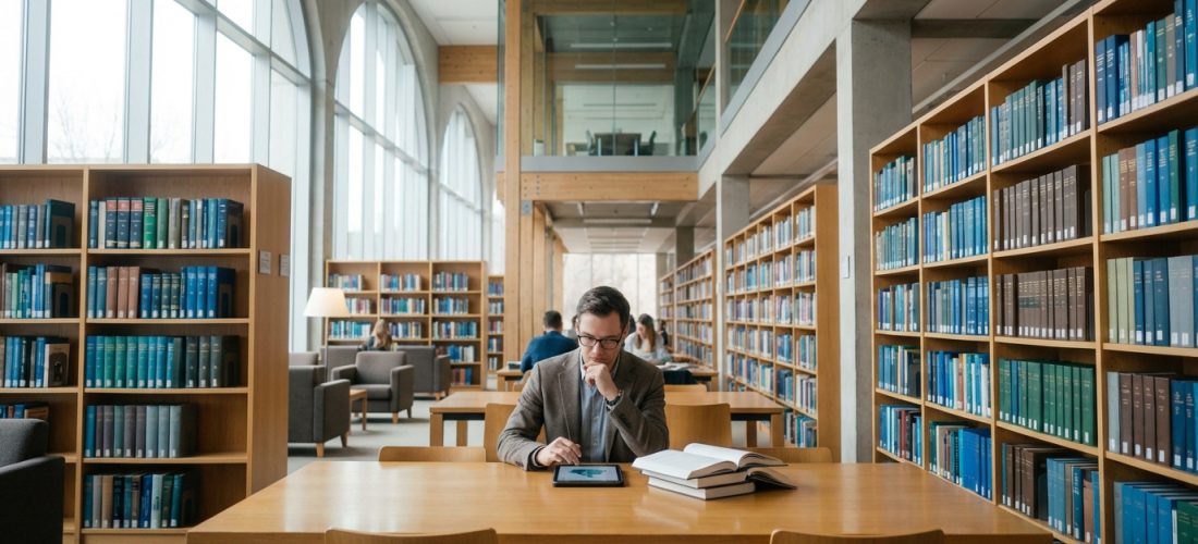 Un homme étudie avec une tablette et des livres dans une bibliothèque lumineuse et moderne. Des étagères de livres s'étendent à perte de vue.