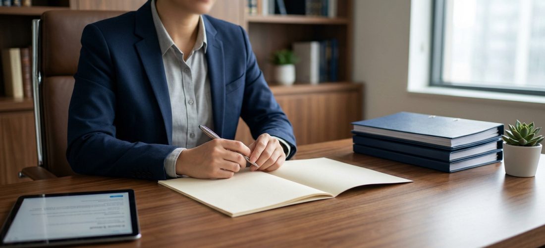 Personne en blazer et chemise rédigeant dans un carnet sur un bureau en bois. Tablette, dossiers et plante complètent le décor.