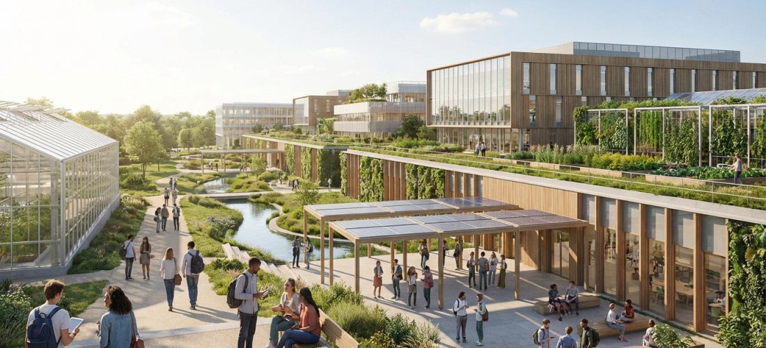 Un campus agro-universitaire moderne et verdoyant, intégrant serres, toits végétalisés, bâtiments en bois et étudiants.