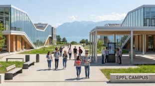 Étudiants marchant sur le campus moderne de l'EPFL avec vue sur le lac Léman et les Alpes.