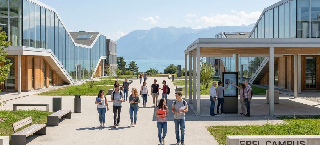 Étudiants marchant sur le campus moderne de l'EPFL avec vue sur le lac Léman et les Alpes.