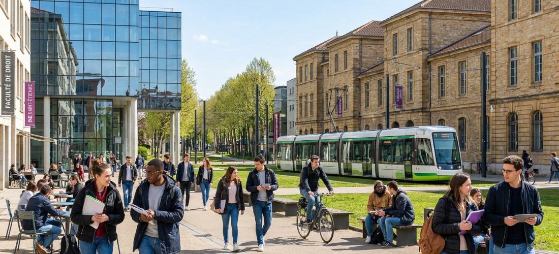 Étudiants marchant sur le campus Tréfilerie à Saint-Étienne avec un tramway en arrière-plan.