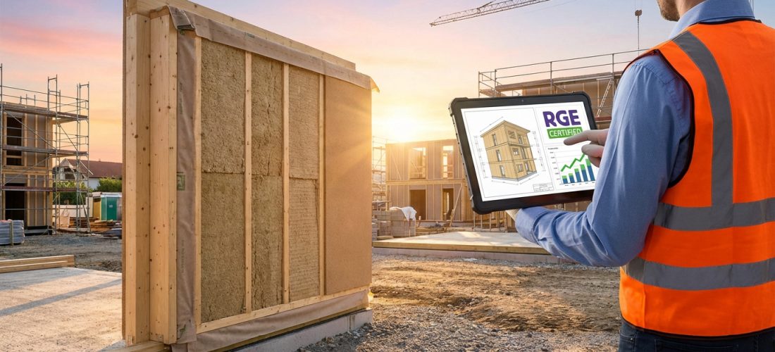 Un ouvrier sur un chantier de construction en bois, utilisant une tablette pour visualiser un plan 3D et des données de projet RGE au coucher du soleil.