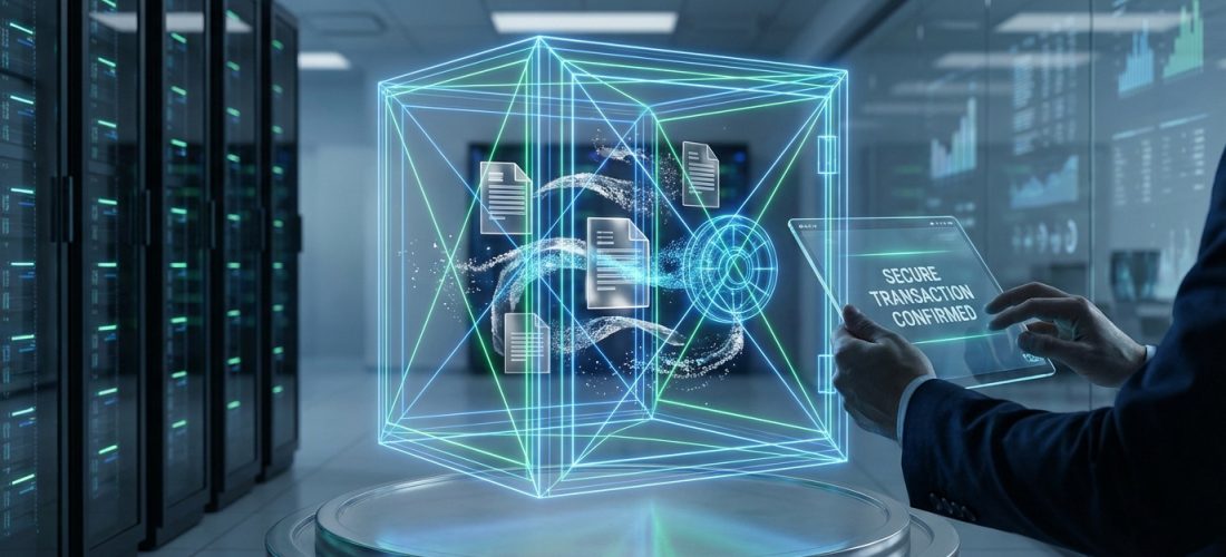 Homme avec tablette "Transaction sécurisée" dans un datacenter. Un cube lumineux représente des documents numériques sécurisés.