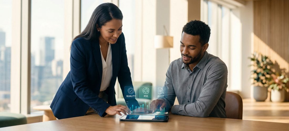 Deux professionnels analysant des données numériques sur une tablette dans un bureau lumineux avec une vue urbaine.