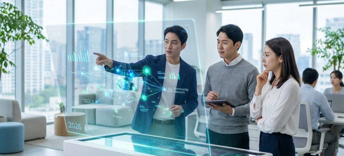 Trois professionnels devant un écran holographique interactif affichant des données sur la santé, les finances et un réseau communautaire en 2026.